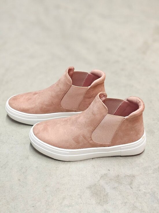 Blush Nubuck Slip-On Platform Sneakers With Elastic Side Panels & White Soles Fo - Picture 12 of 14